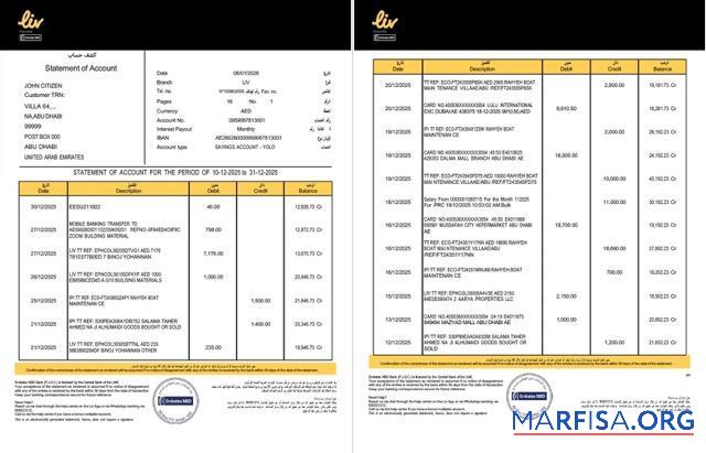 Downloadable UAE Liv. Digital bank statement of account word 2 pages sample